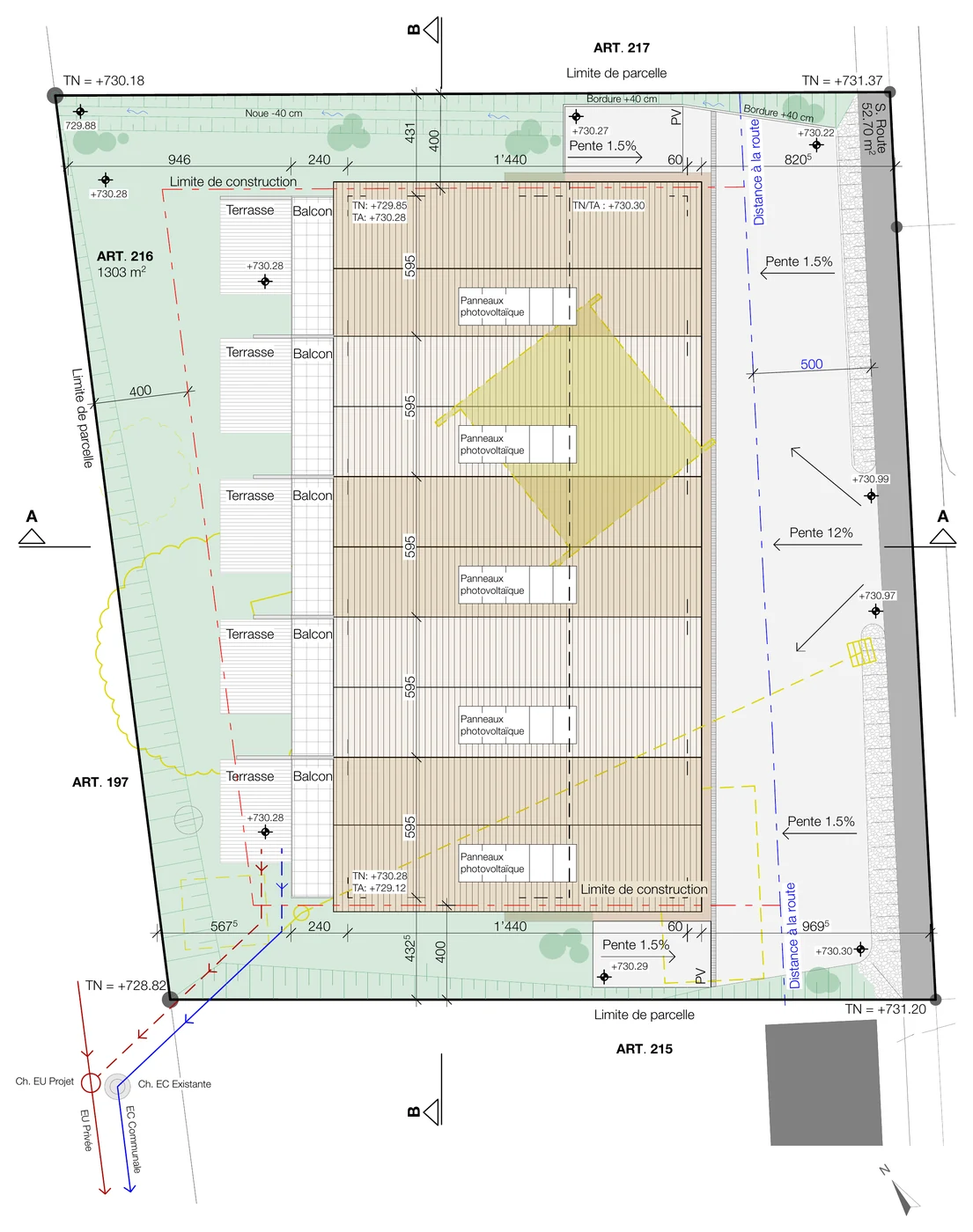 Plan d'implantation d'une parcelle, limites de construction et surfaces chiffrées
