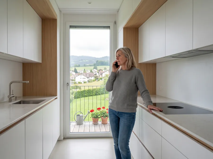 Une femme téléphone dans la cuisine de sa maison, la porte-fenêtre ouvre sur son balcon et sur un village en pente