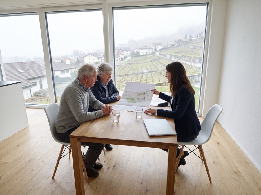 Un couple de propriétaires et une professionnelle examinent un plan autour d'une table, un village et ses vignes par la baie