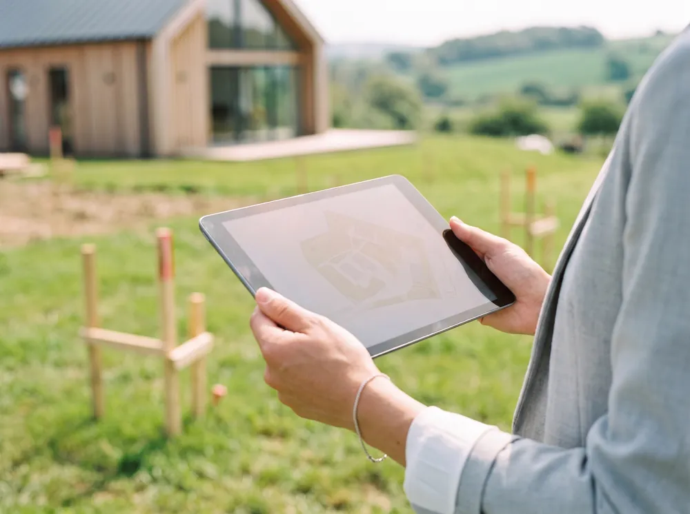 Sur une parcelle piquetée, une femme tient une tablette qui montre le plan du projet, une maison contemporaine et les collines derrière