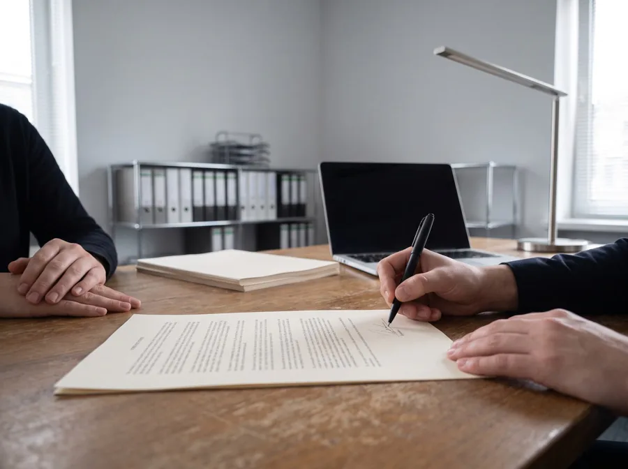 Une main signe un acte chez le notaire, la seconde personne à côté, des classeurs au fond