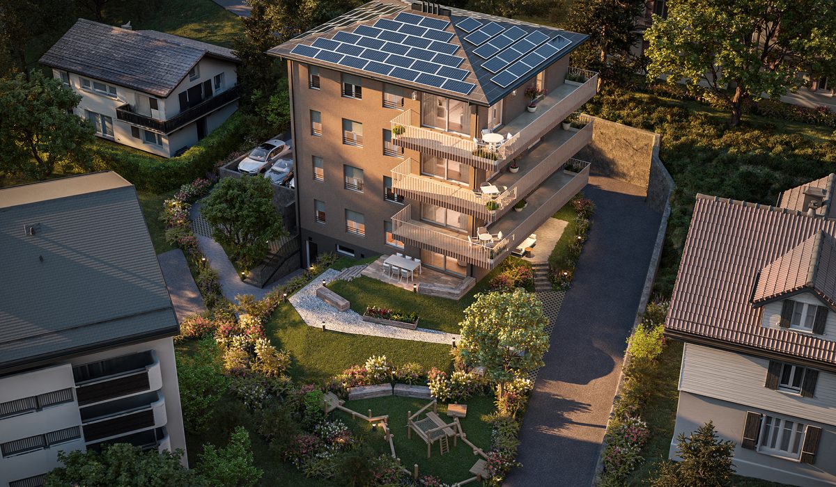 Vue aérienne de la résidence Terralys entre les villas voisines, en fin de journée