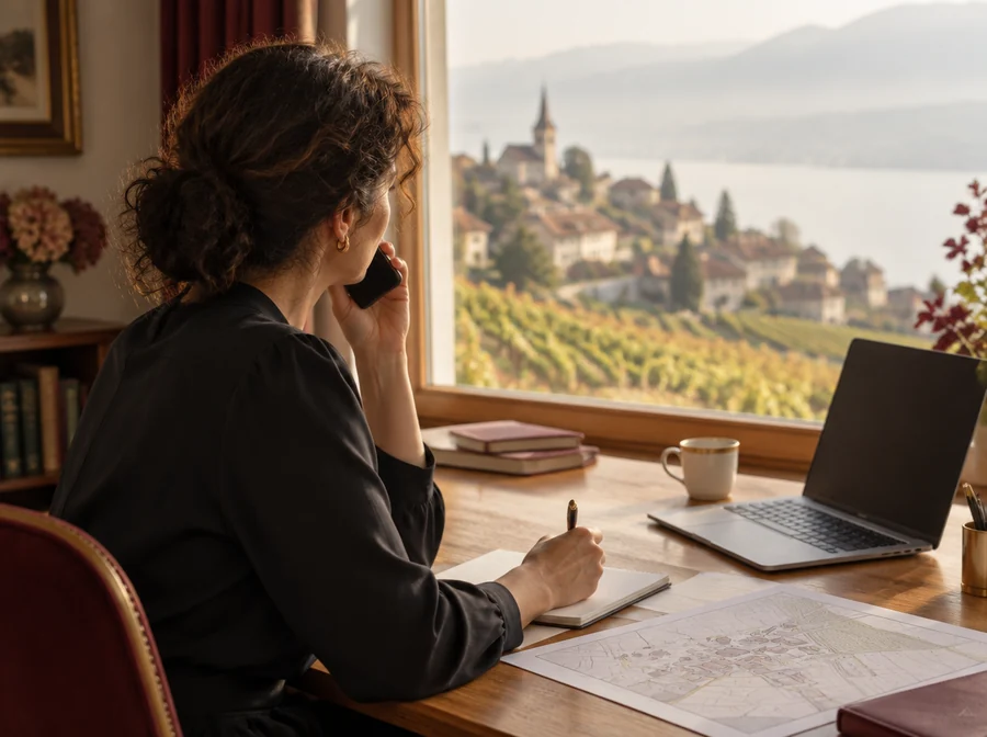 Une femme au téléphone à son bureau, devant une fenêtre ouverte sur un village de vignes et le lac, prend des notes sur un carnet