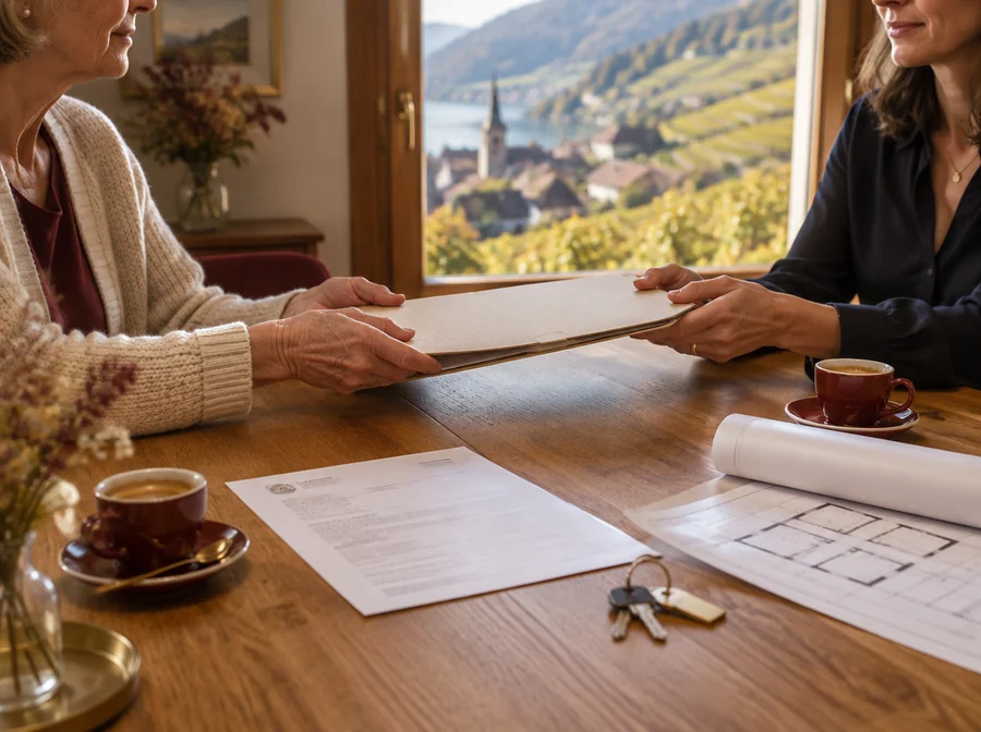 Sur une table de cuisine en chêne, une propriétaire tend un dossier de documents ; un extrait du registre foncier, un plan roulé et des clés sont posés devant