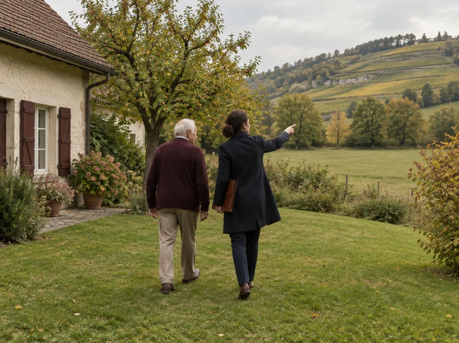 Dans le jardin d'une vieille maison aux volets de bois, un propriétaire et une professionnelle marchent vers le fond de la parcelle, elle désigne la limite du terrain