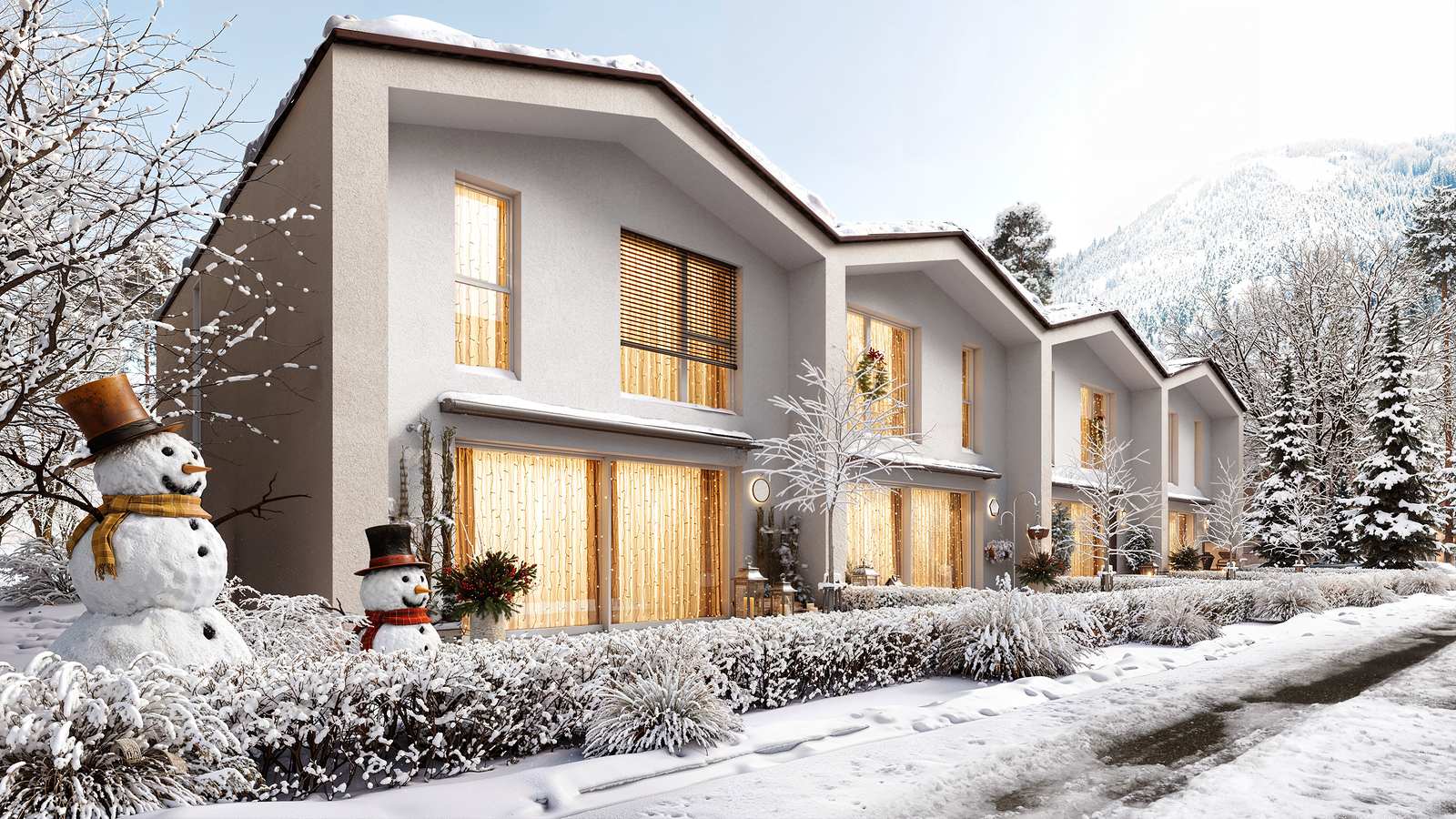 La rue des villas de Martigny sous la neige, fenêtres allumées