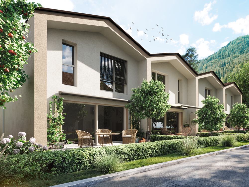 Image de synthèse des maisons contiguës de Martigny vues depuis la rue