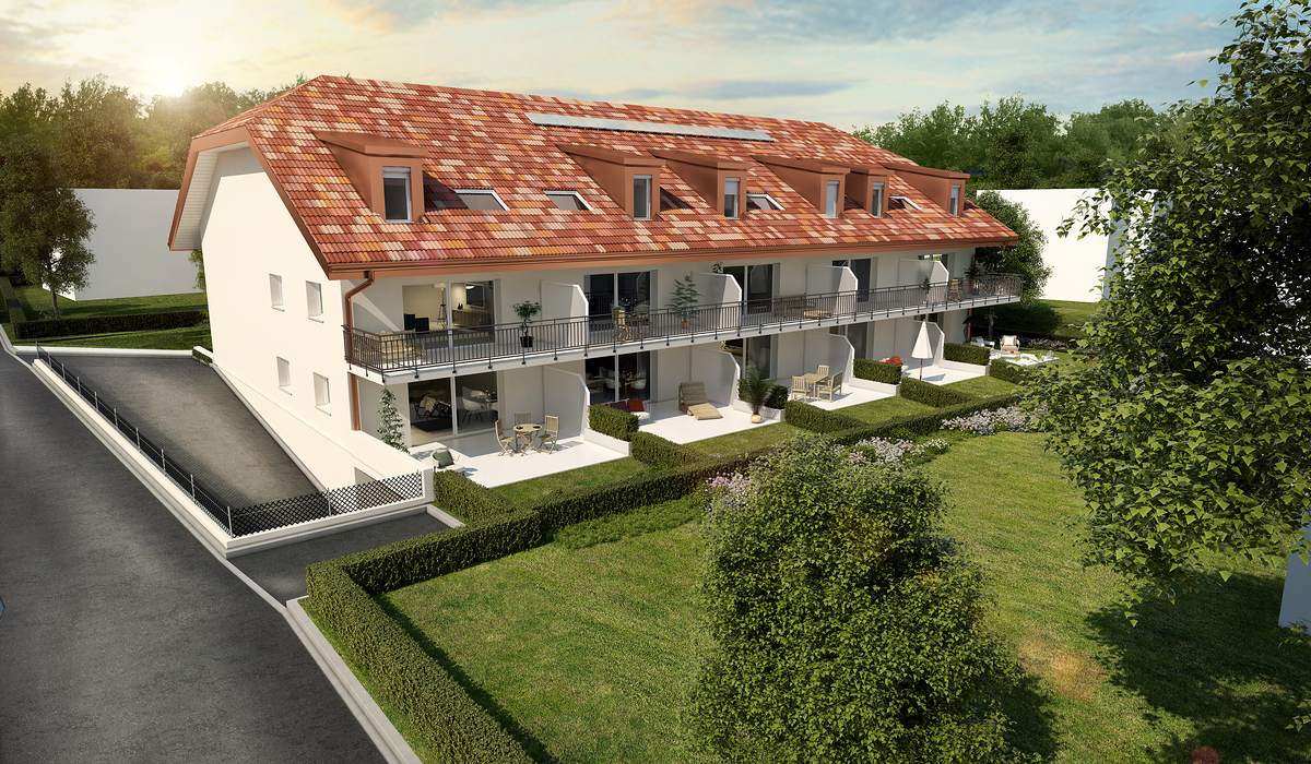 Image de synthèse de la Résidence du Château vue du côté jardin, ses terrasses et ses balcons