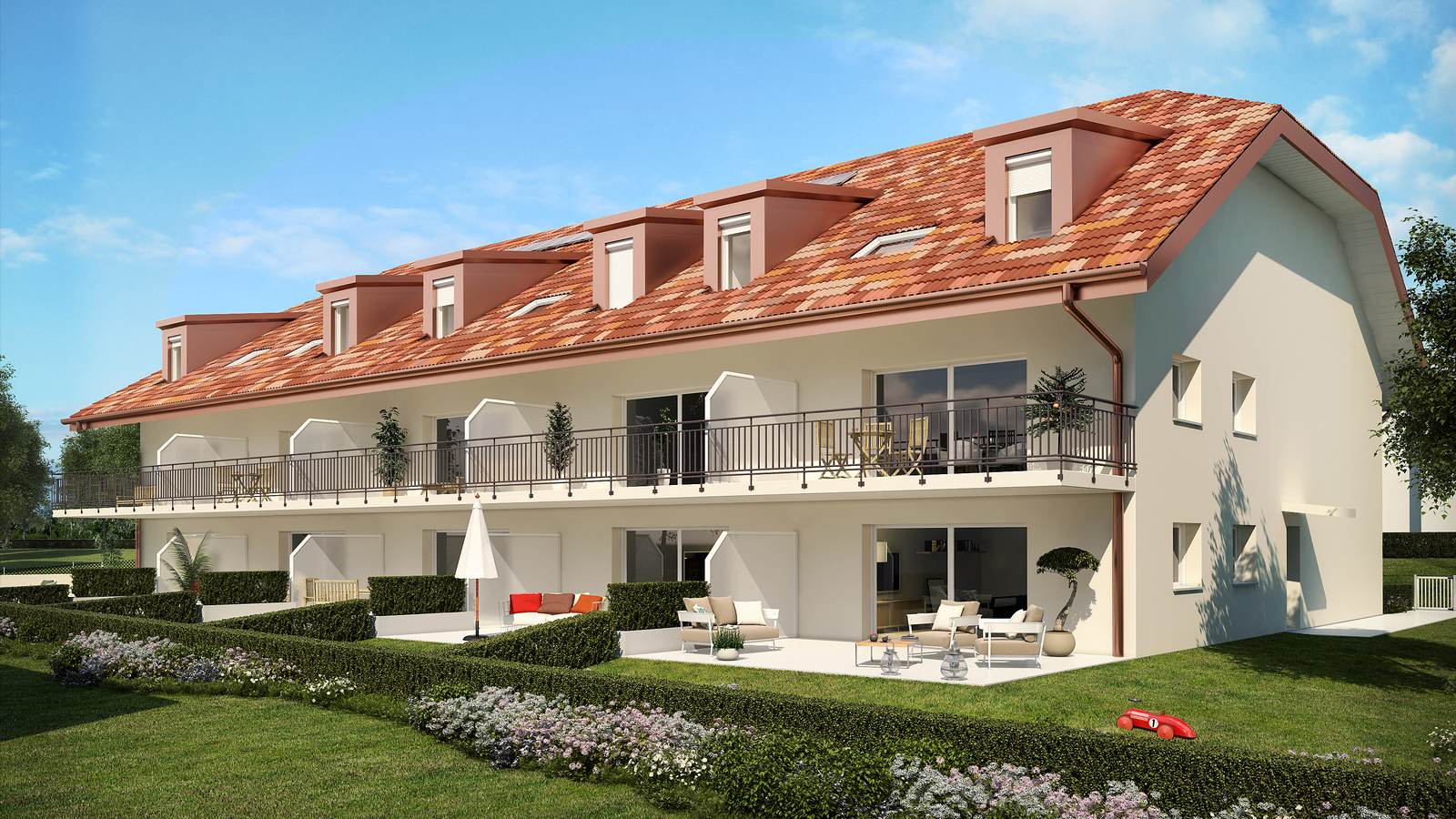 Image de synthèse de la Résidence du Château, son toit de tuiles et ses balcons plein sud
