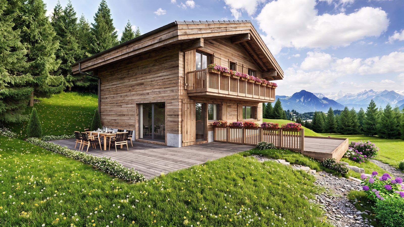 Image de synthèse du chalet de bois d'Ayent, sa terrasse, ses balcons fleuris et les montagnes au fond