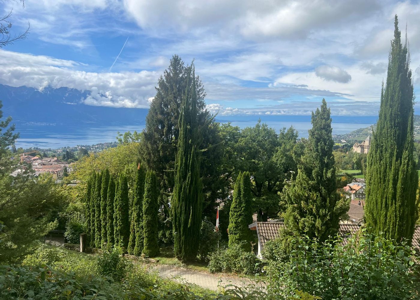 Le terrain de Blonay, ses cyprès et la vue sur le Léman