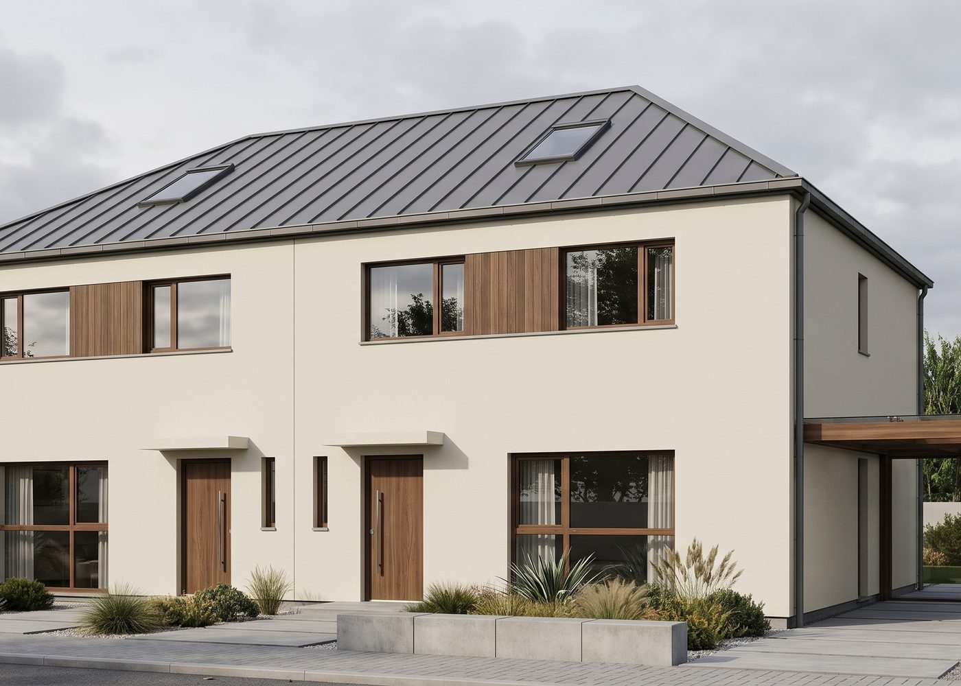 Image de synthèse des deux villas jumelles de Chambésy et de leur couvert à voitures