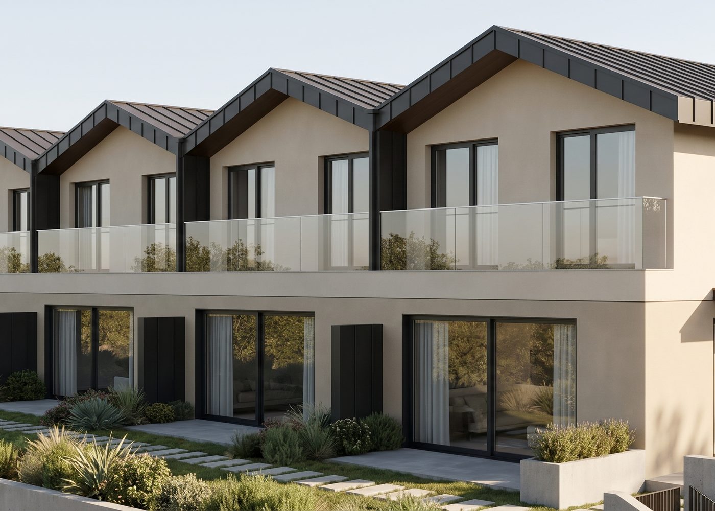Image de synthèse des cinq villas contiguës de Corbières, leurs balcons vitrés et leurs jardins en terrasse