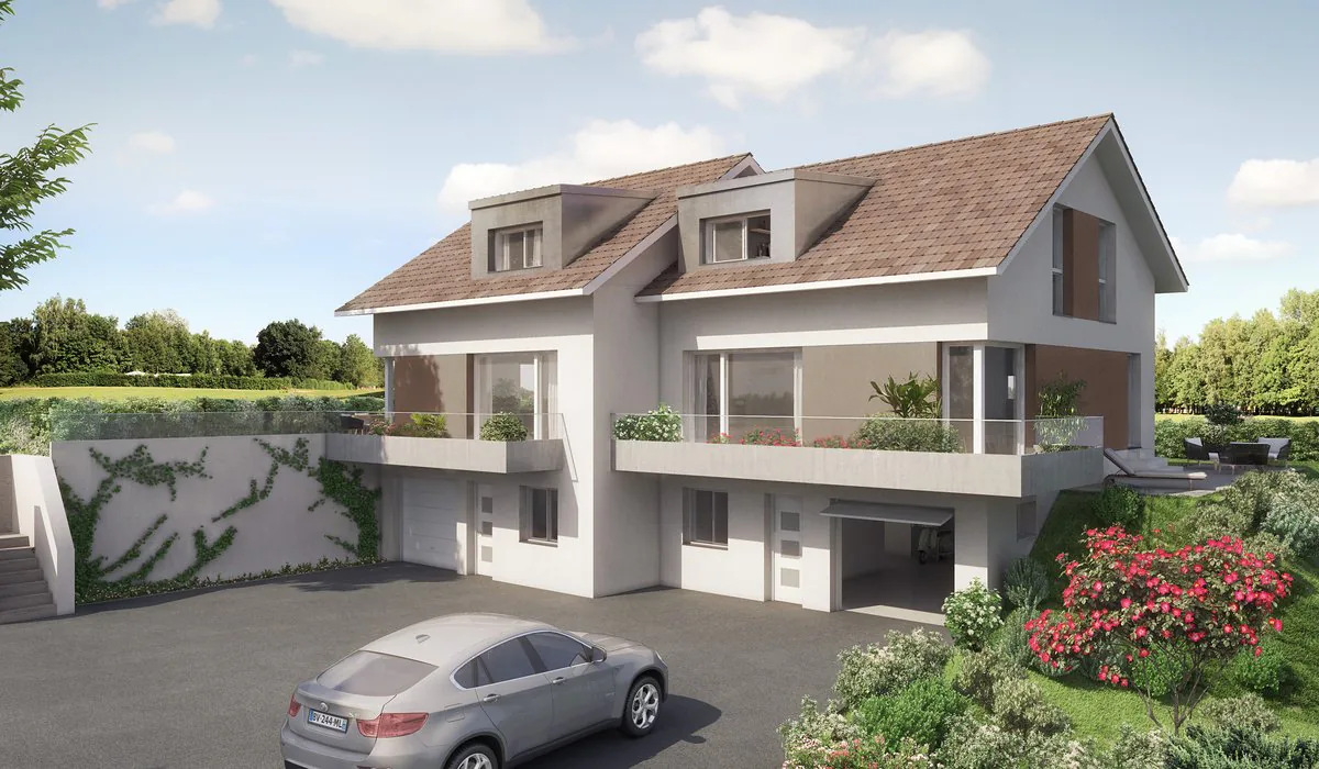 Villa construite par Cimmeco à Servion, côté entrée, garages et balcon fleuri