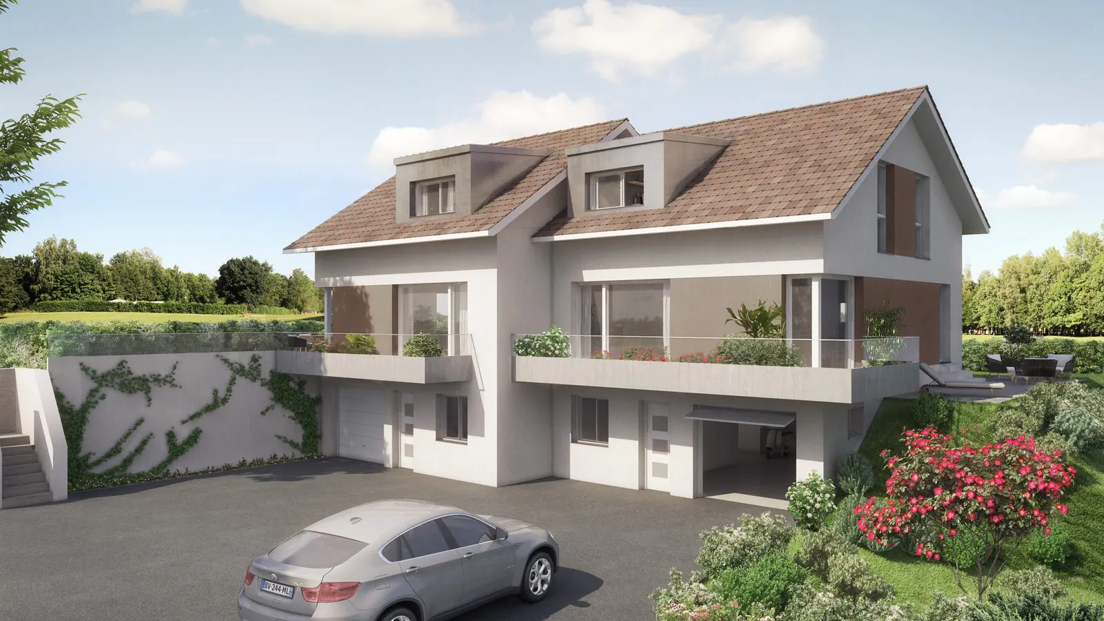 Les deux villas jumelles de Servion, garages au rez et séjours ouverts sur la terrasse