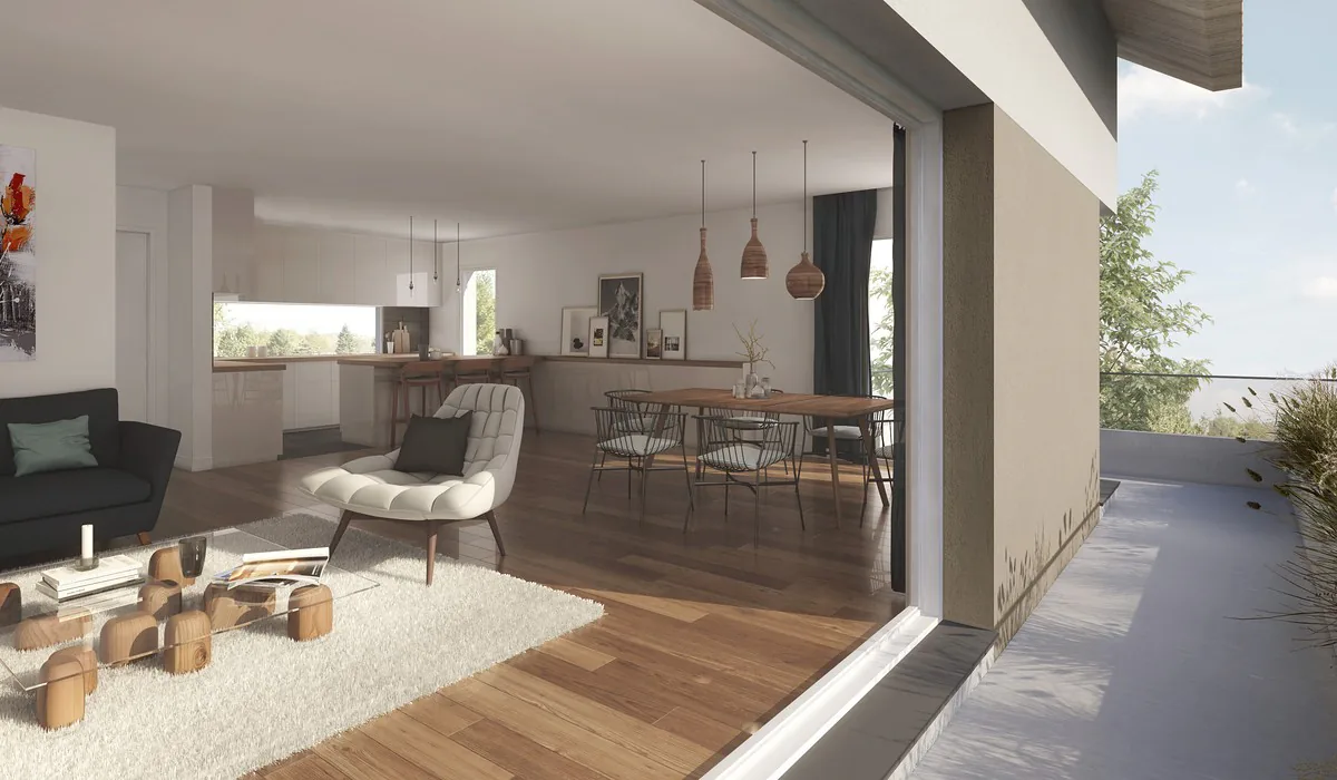 Image de synthèse du séjour d'une villa de Servion, ouvert de plain-pied sur la terrasse